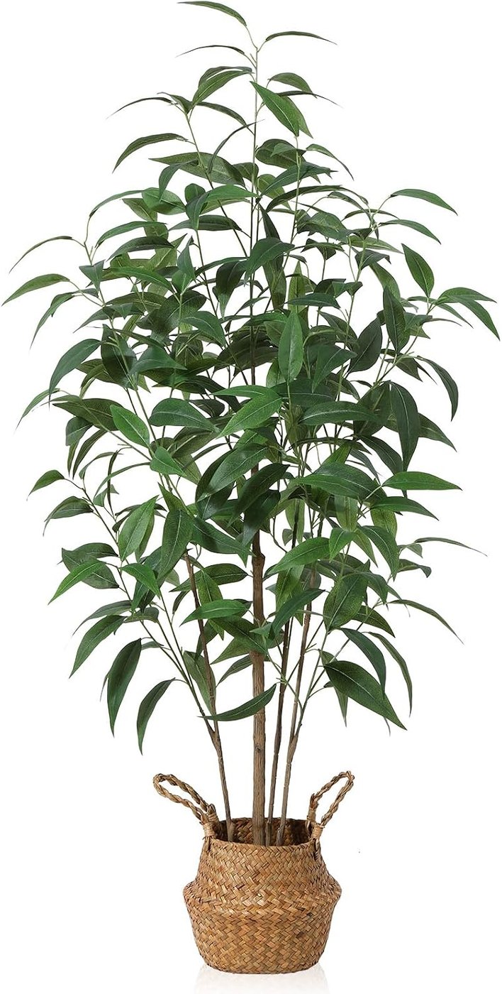 Four-foot artificial eucalyptus tree in a woven basket