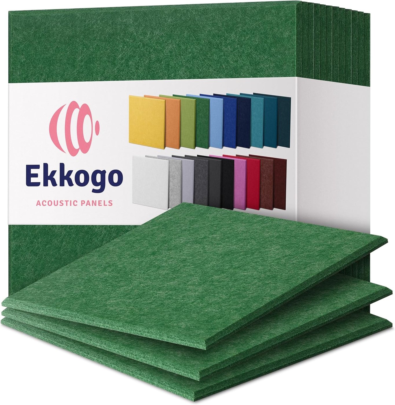 Twelve-pack of dark green square felt acoustic wall panels