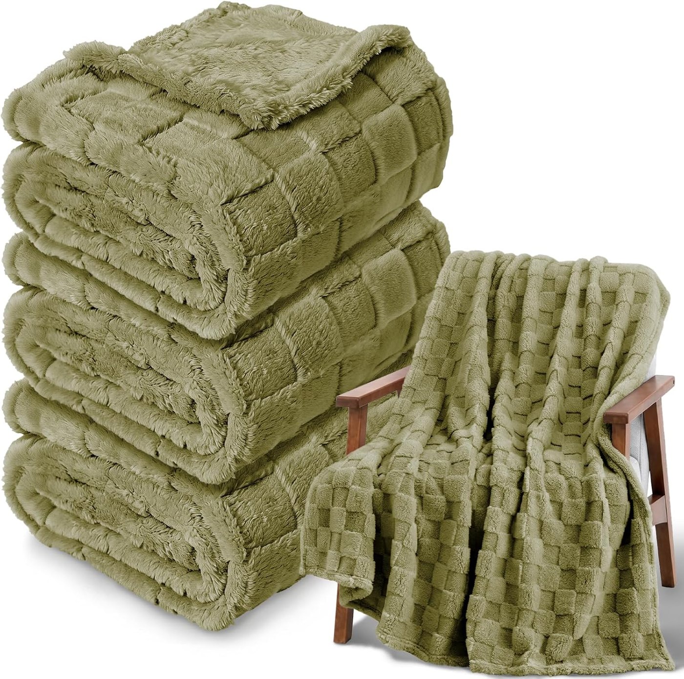 Stack of three olive checkerboard fleece throw blankets
