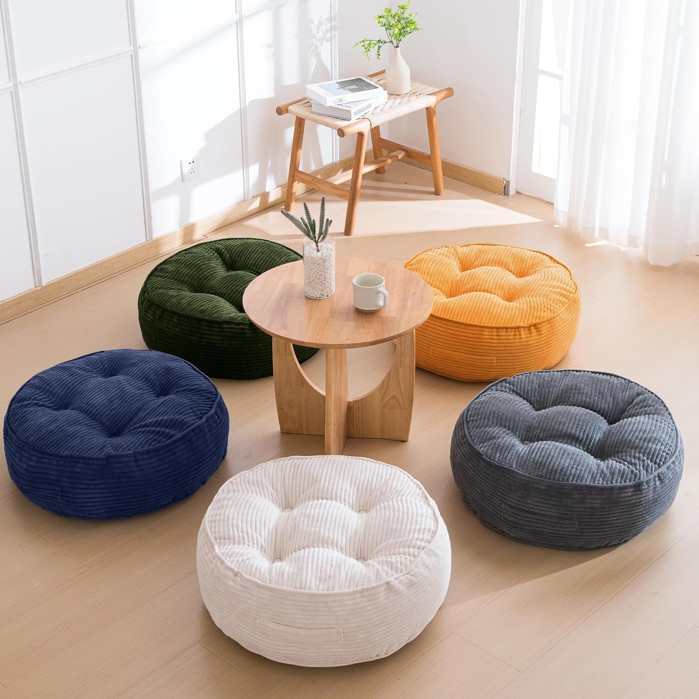 Dark grey tufted corduroy floor cushion, 22 inches square