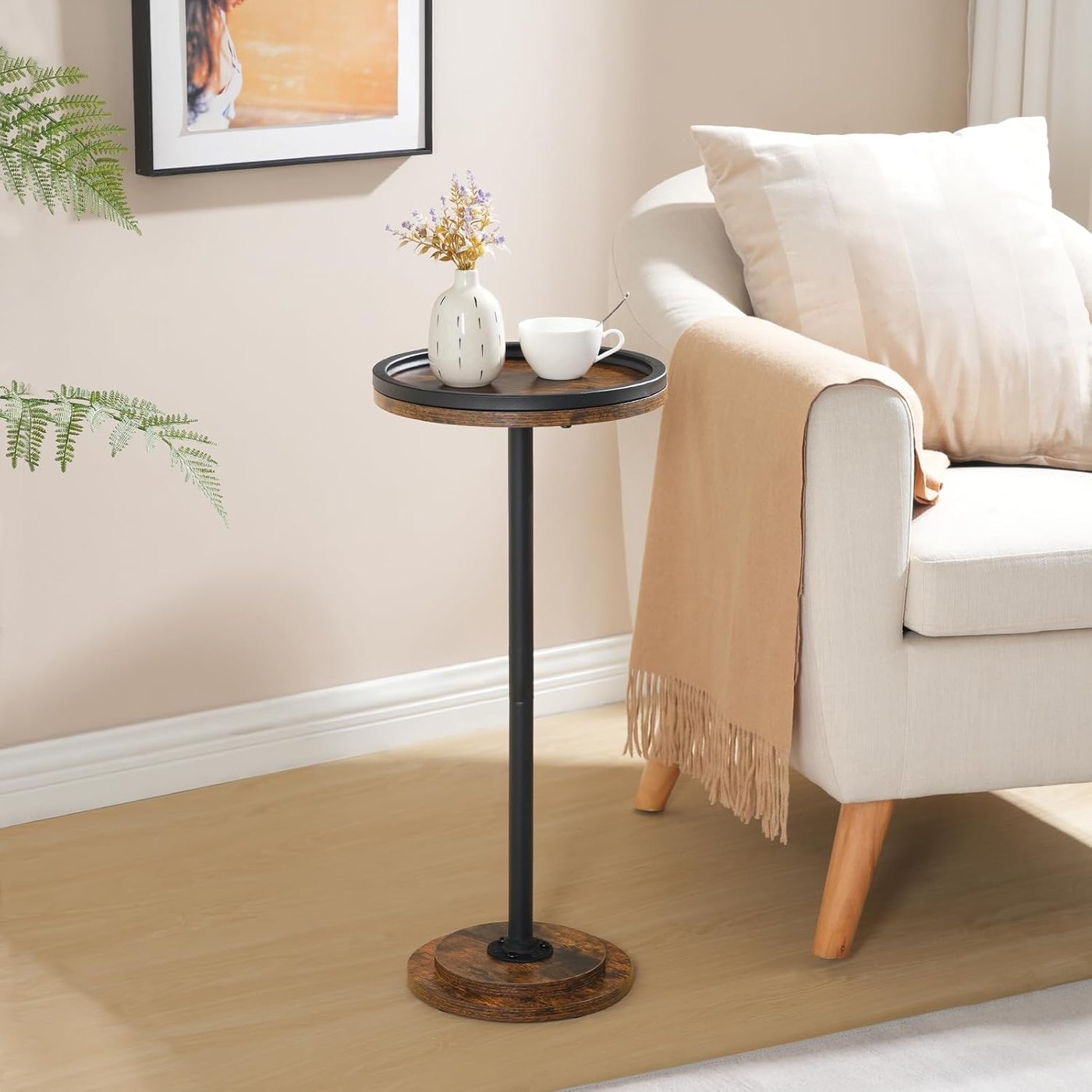 Small round pedestal side table with a lipped rustic brown top