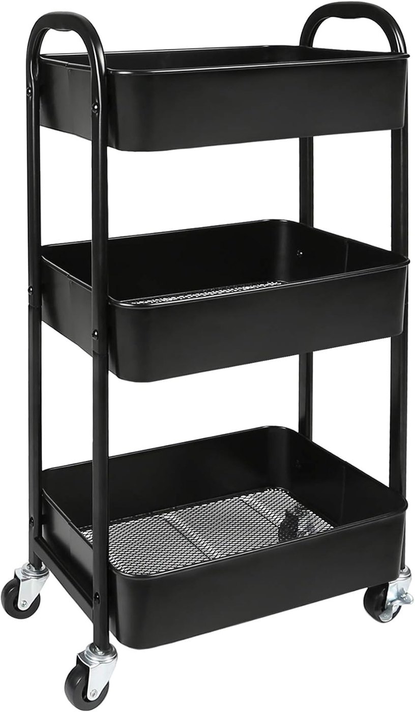 Black three-tier rolling utility cart on caster wheels