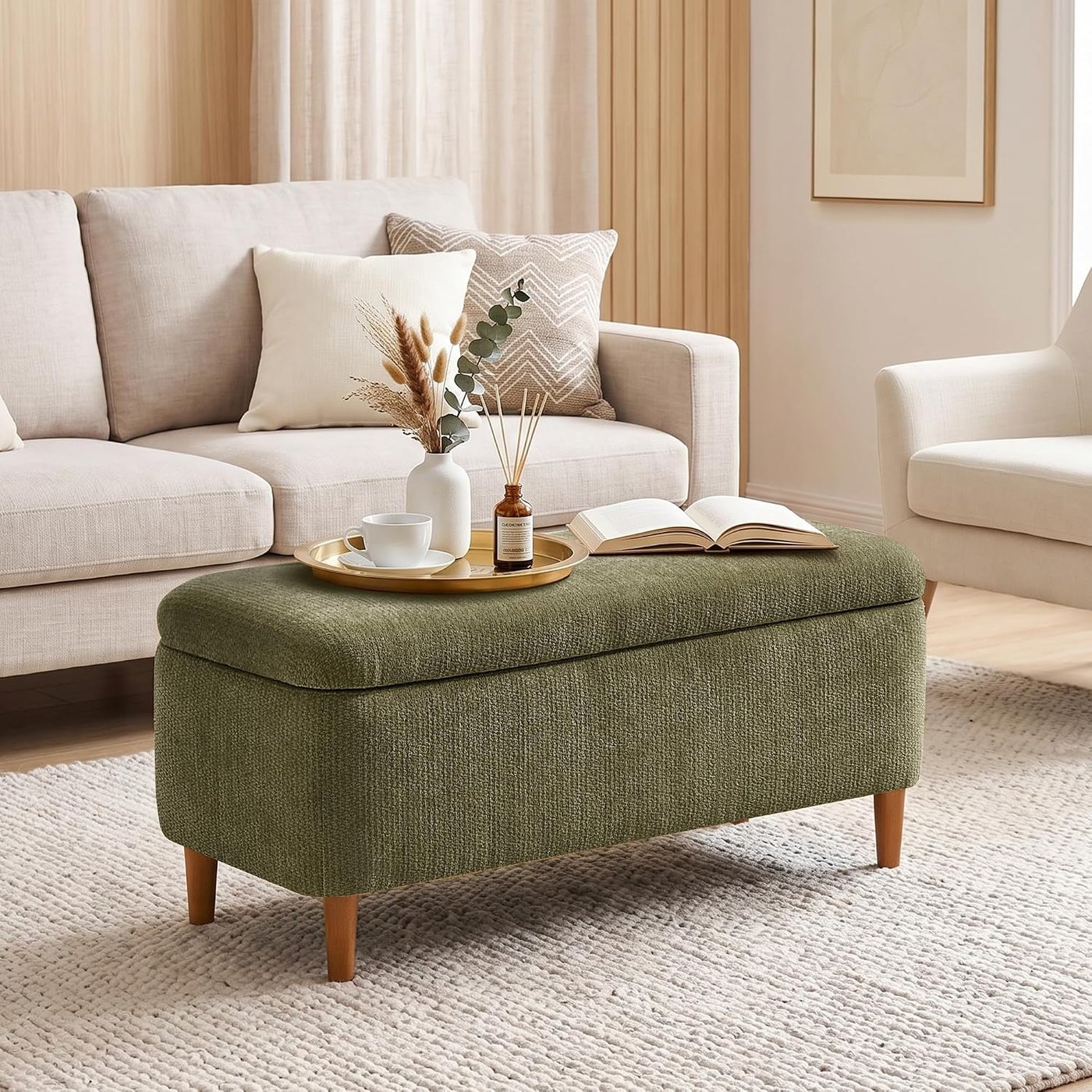 Green upholstered storage bench with wooden legs
