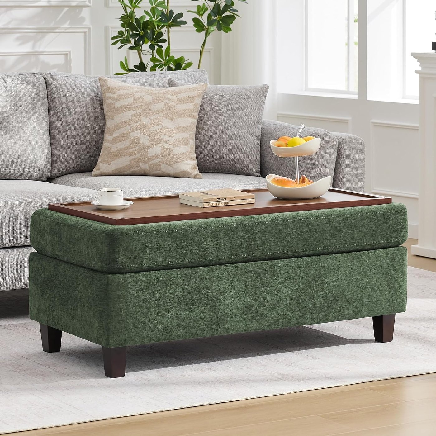 45-Inch Storage Ottoman with a Wooden Tray Top