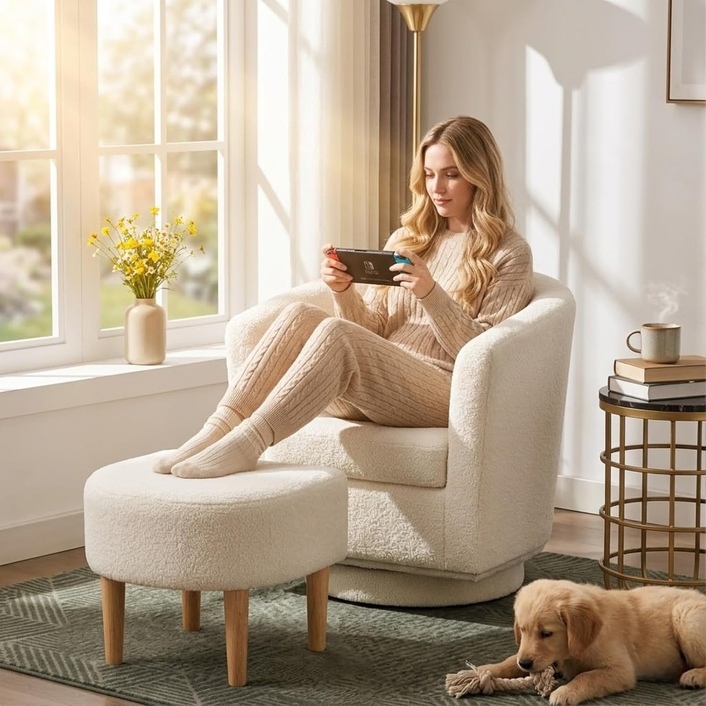 White sherpa barrel swivel accent chair with matching ottoman