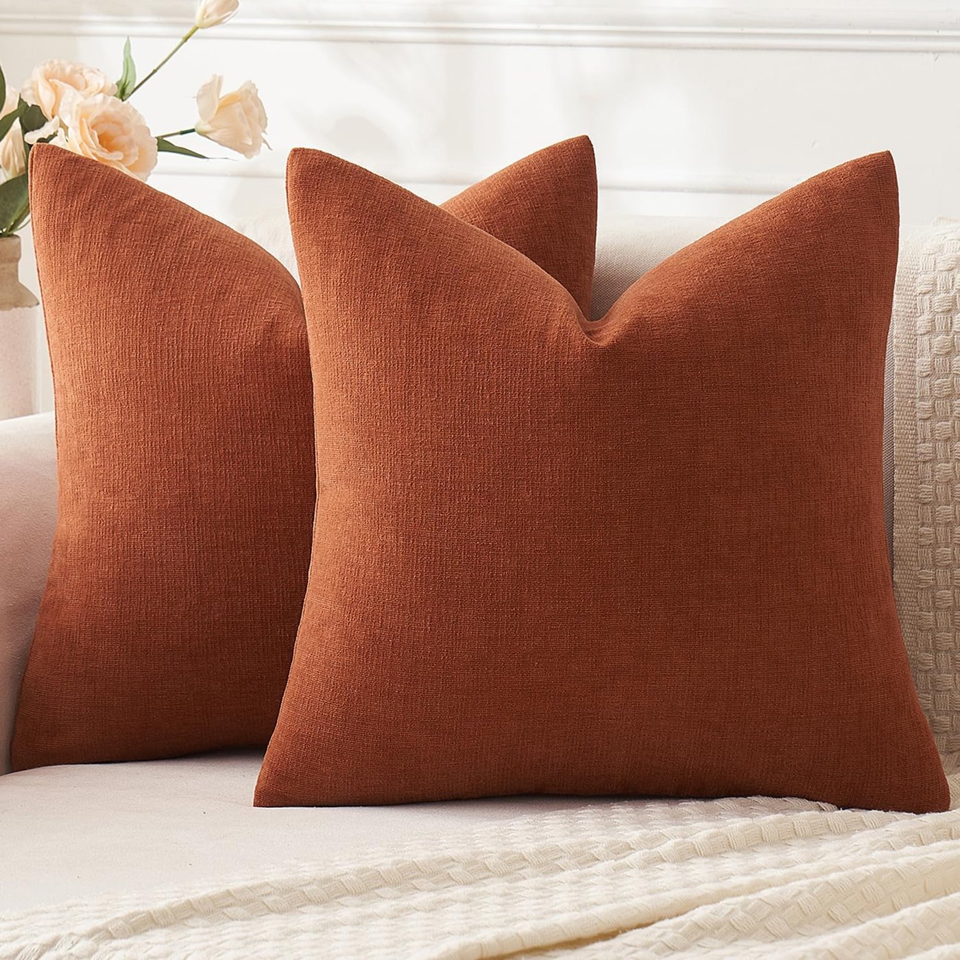 Pair of rust terracotta chenille throw pillow covers