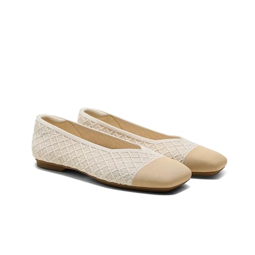 VIVAIA Margot Ballet Flat in cream mesh with tan cap toe