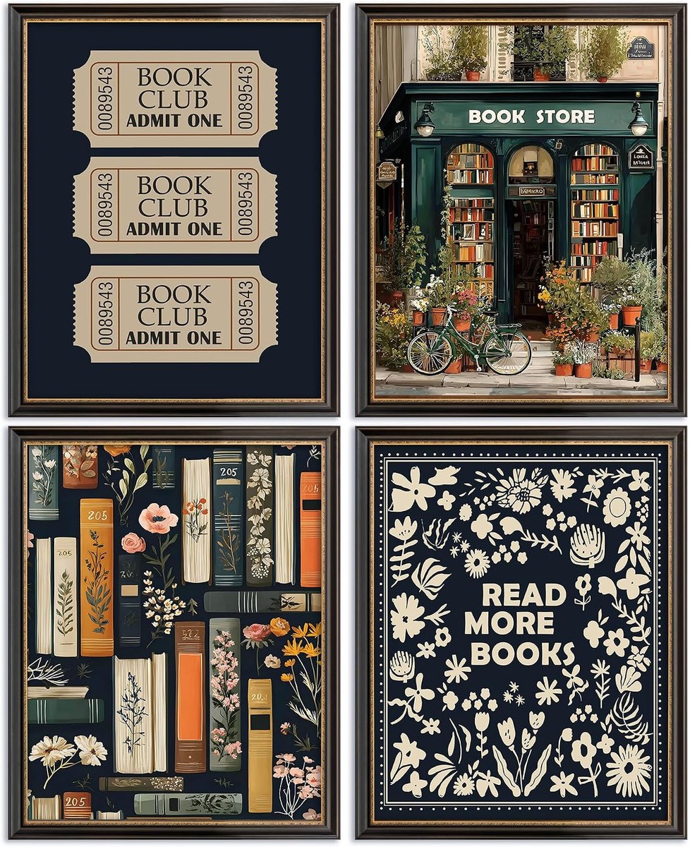 Four navy prints with book club admit one tickets a bookstore front and Read More Books