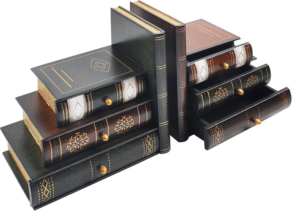 Pair of wooden bookends shaped like stacked antique books with small pull-out drawers