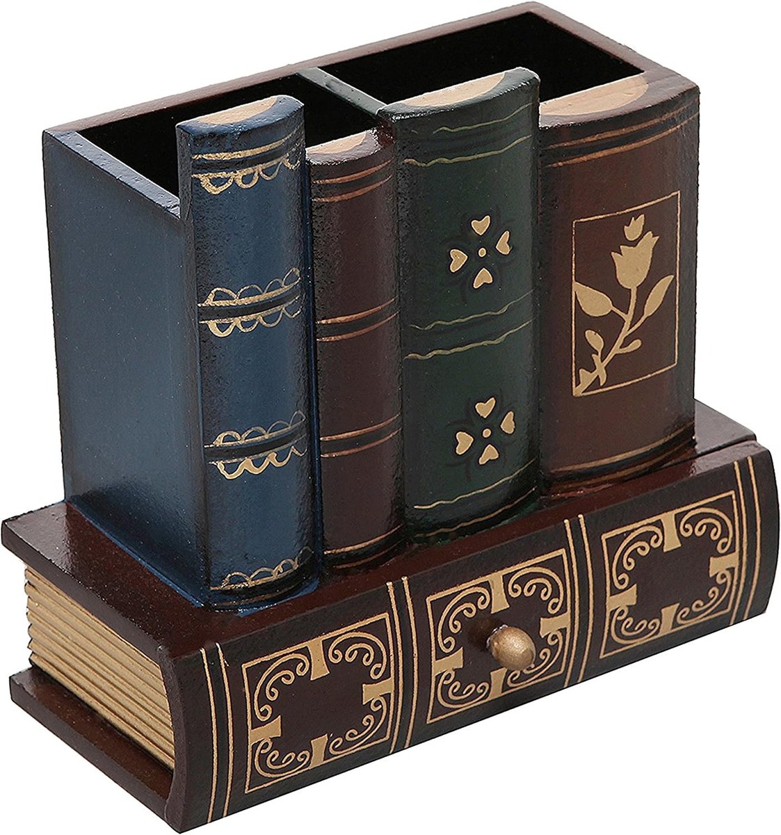 Small wooden desk caddy shaped like antique book spines with two compartments and a drawer