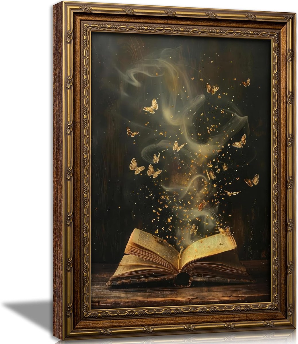 Gold framed print of an open book on a dark ground with gold butterflies rising from the pages