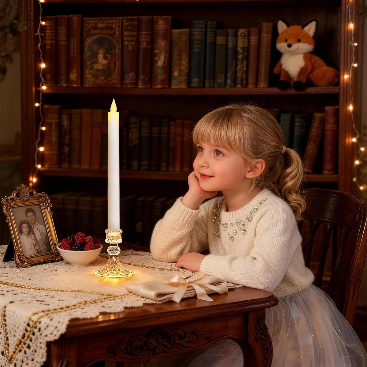 White flameless taper candle with a moving flame tip in a faceted glass candlestick