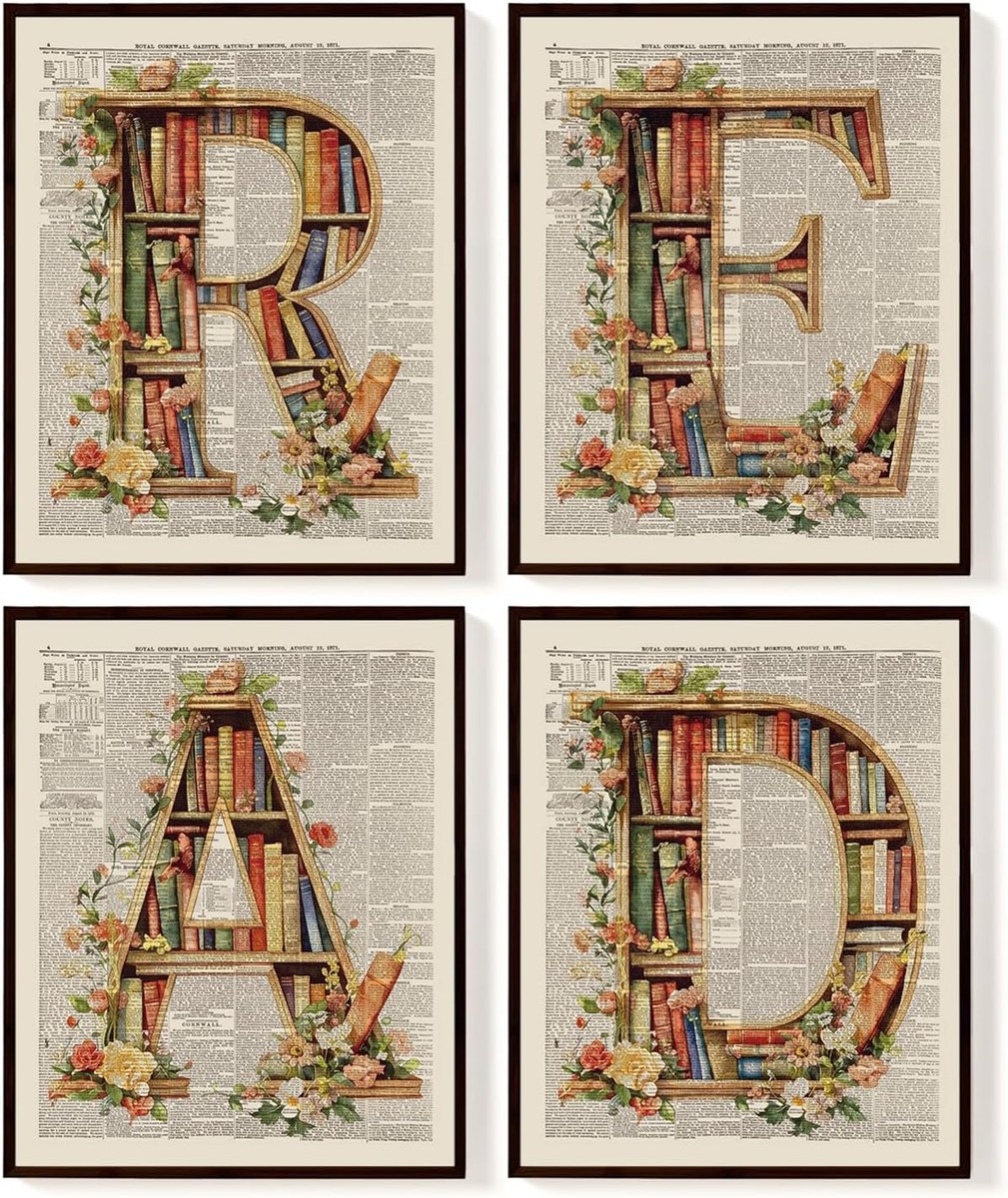 Four prints spelling READ with letters built from tiny bookshelves on antique dictionary pages