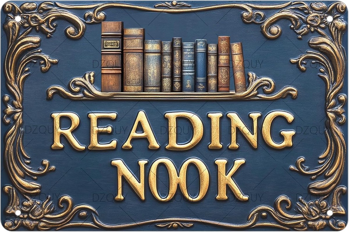 Metal sign reading Reading Nook in gold on blue grey with a scrolled border and book shelf