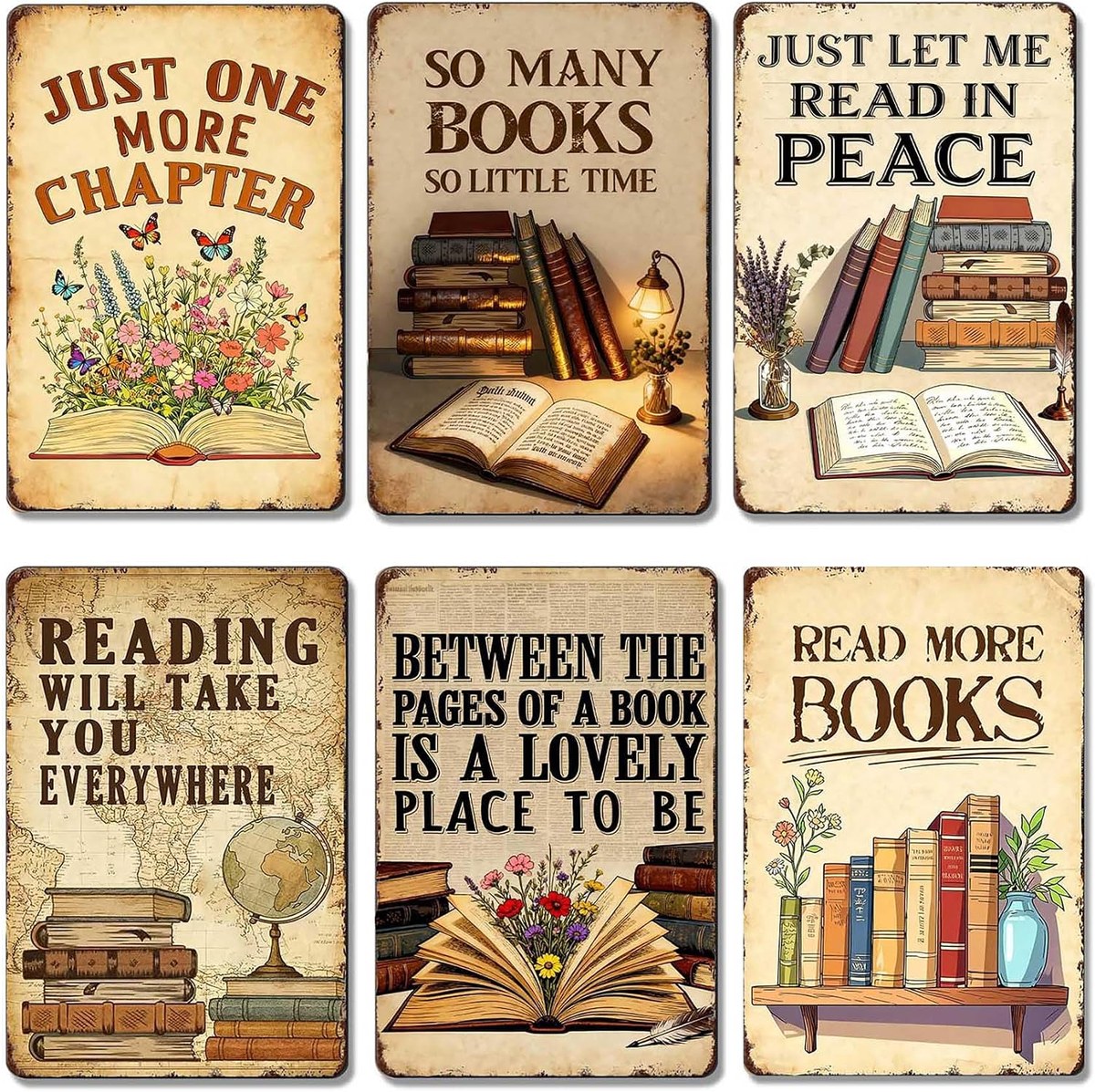 Six distressed metal signs with reading phrases on aged paper backgrounds