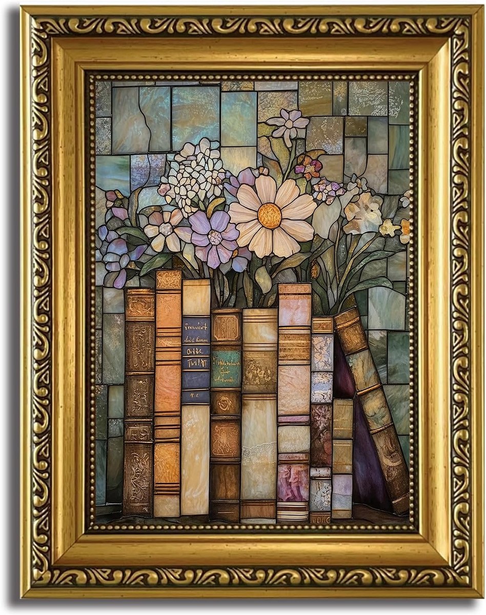 Gold framed print of book spines and pale flowers rendered in a stained glass style