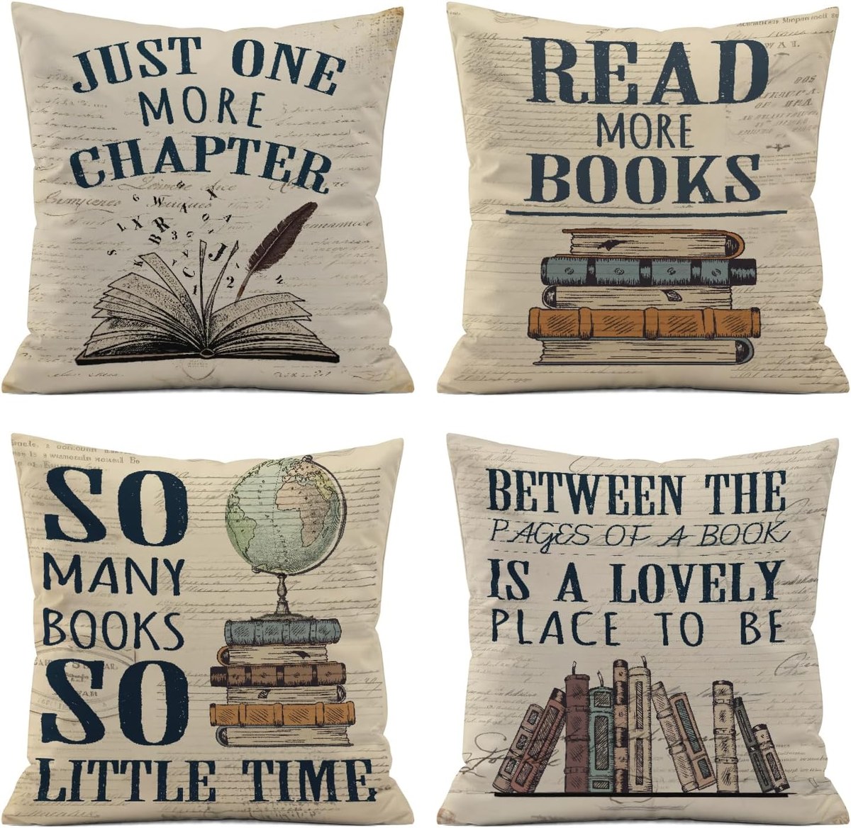 Four throw pillow covers printed with vintage book stacks and reading phrases on aged paper