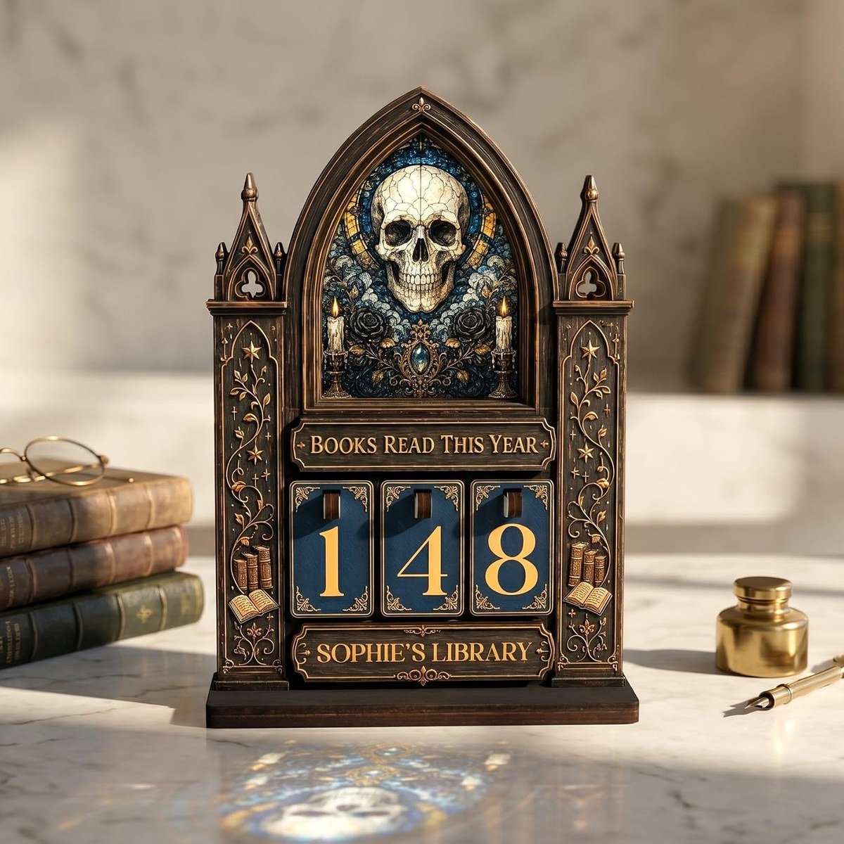 Arched wooden stand with a stained glass panel and flip number tiles counting books read